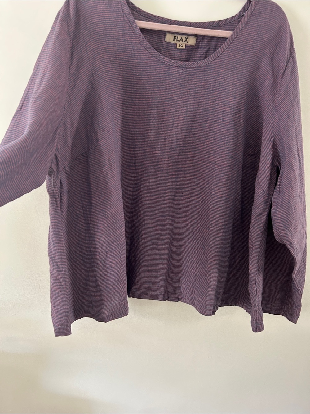 Flax Lavender Stripe Long-Sleeve Top Oversized Lagenlook Linen Coastal Popover - Picture 13 of 15